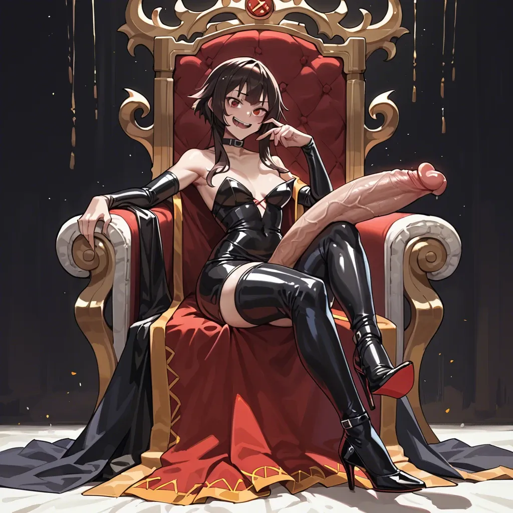 Megumin, black latex, futanari, big penis, heels, stockings, evening dress, scorn, seats on throne ,long penis, crazy  smile, gigantic penis