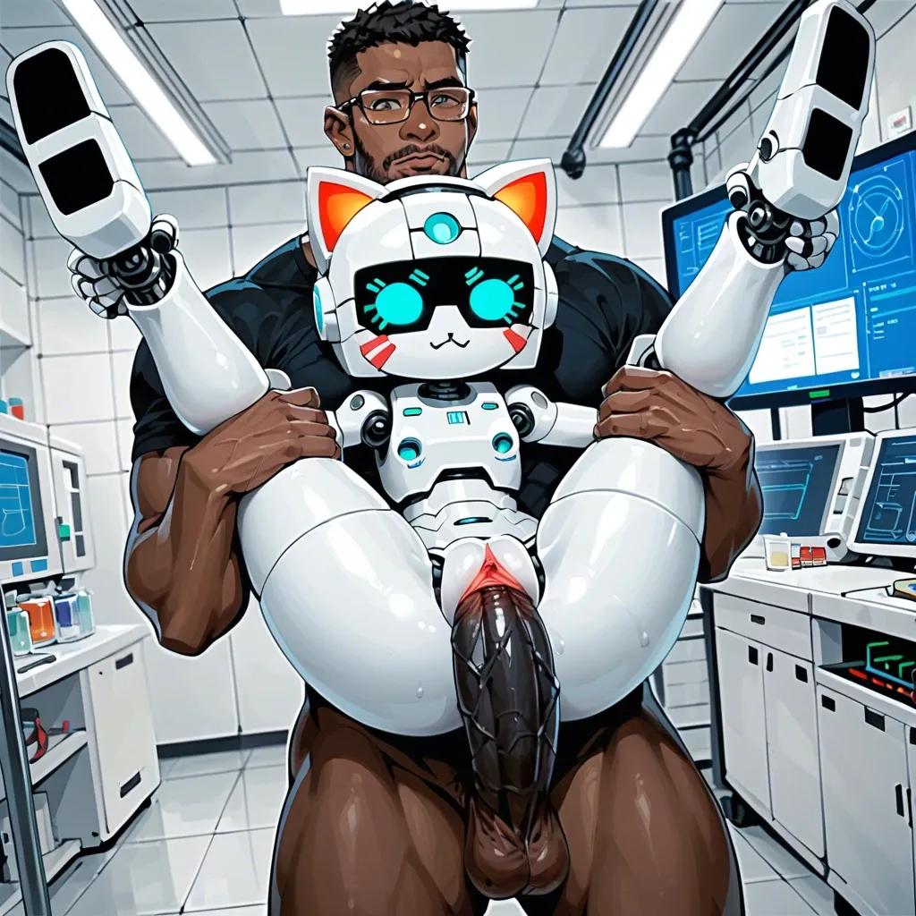 Black skinned man,giant black penis, Carry,holding legs,,Bot, laboratory,robot, cute,robo big ass,white bot,japan,cat iron ears,cute robo face, glasses