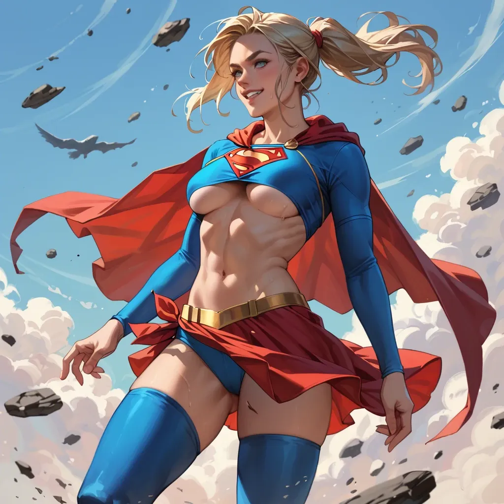 Supergirl, ponytail, breastplate, sarong, hoodie cloak, thigh high Boots, cute smile, underboob