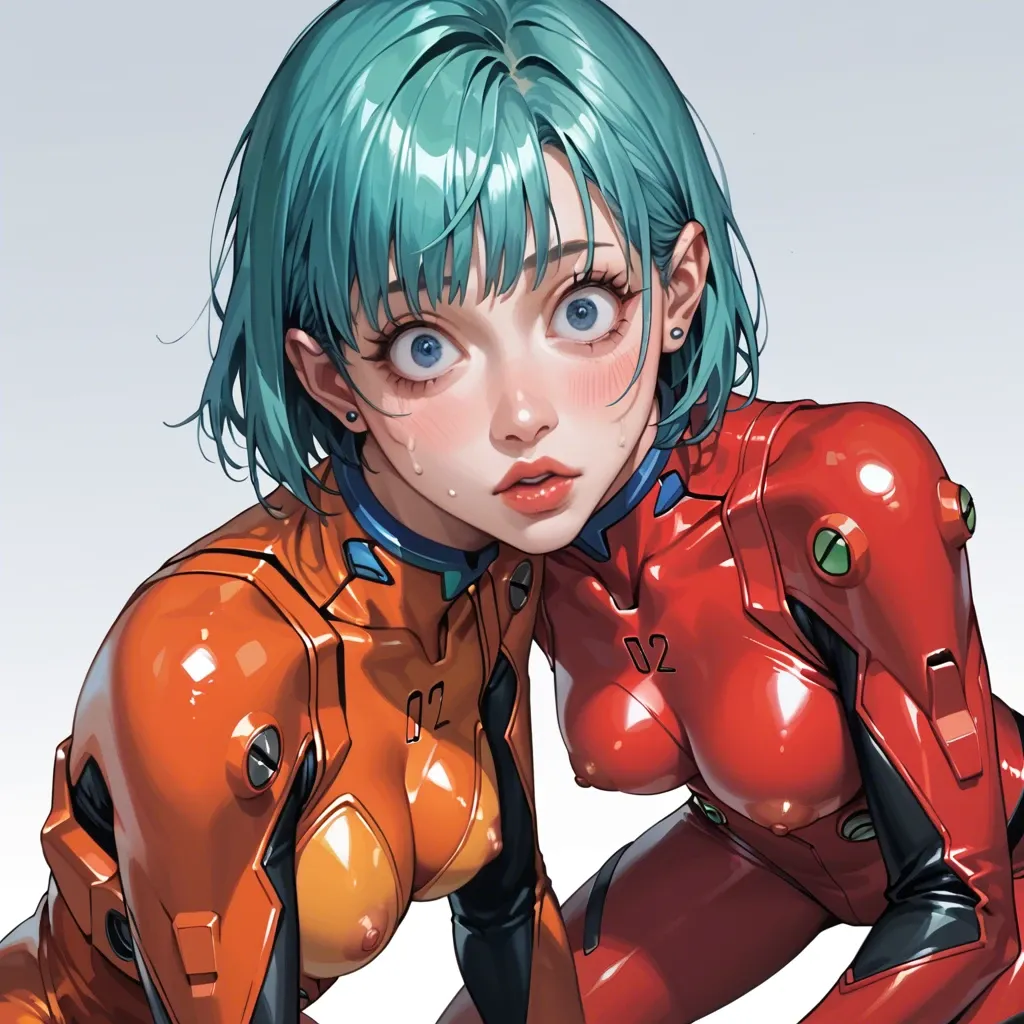 2girls lolly (bulma_briefs and chichi) \(dragon balls\)big eyes  round face naked \(neon genesis evangelion\) red plugsuit bodysuit cum in dilldo looking at viewer