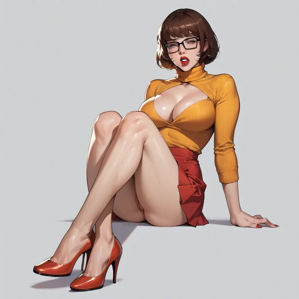 Velma Dinkley, turtleneck dress, heels, lipstick, cleavage