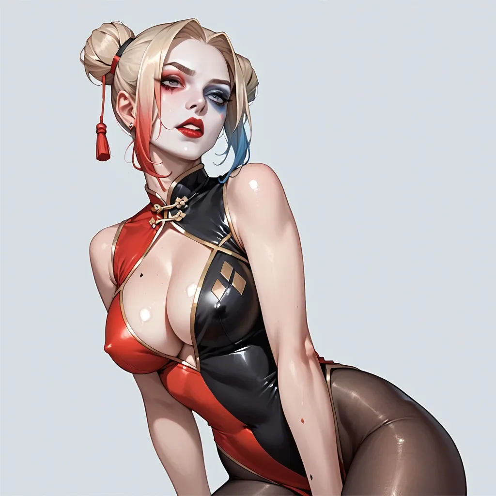 Harley Quinn, Chinese twin hair buns, qipao catsuit, deep cleavage