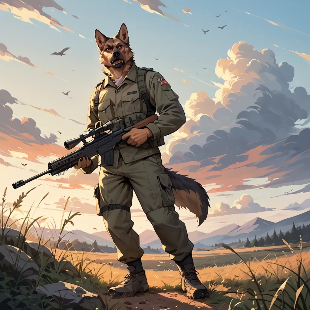 anthro german shepherd in military clothes standing on the field,morning,with a rifle