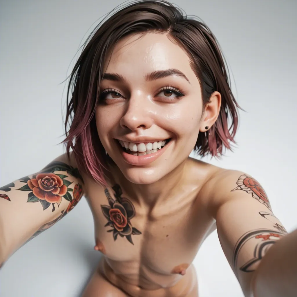 1femboy, 3d,white paled skin,veiny penis, pixie nose,bob hair, brunette dyed hair, skinny,arm tattoos, big nose, large teeth, open nose holes,big smile,high-angle, selfie,large nose, medium breast, deep lips,upper nose