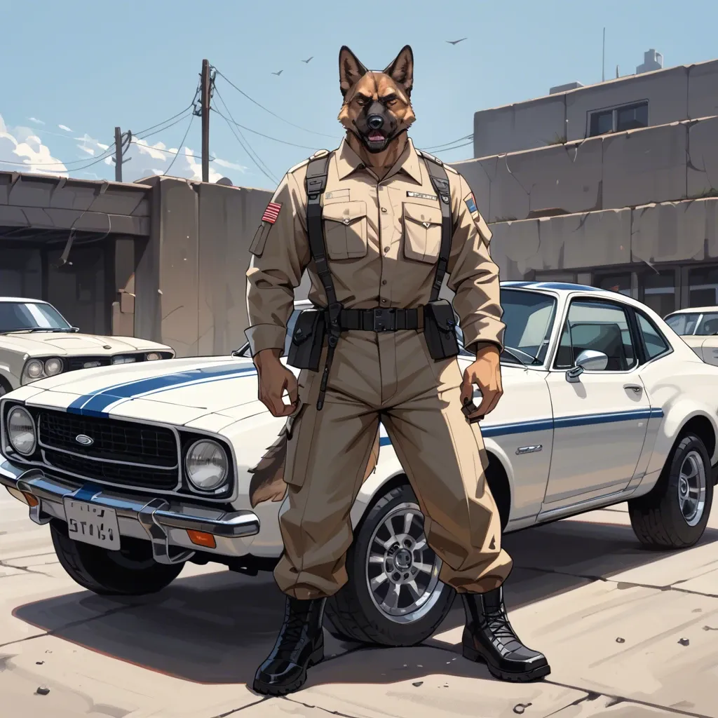 anthro german shepherd in military clothes standing above ford mustang gt 500 shelby car