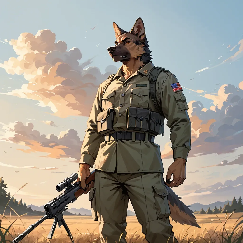 anthro german shepherd in military clothes standing on the field,morning,with a rifle