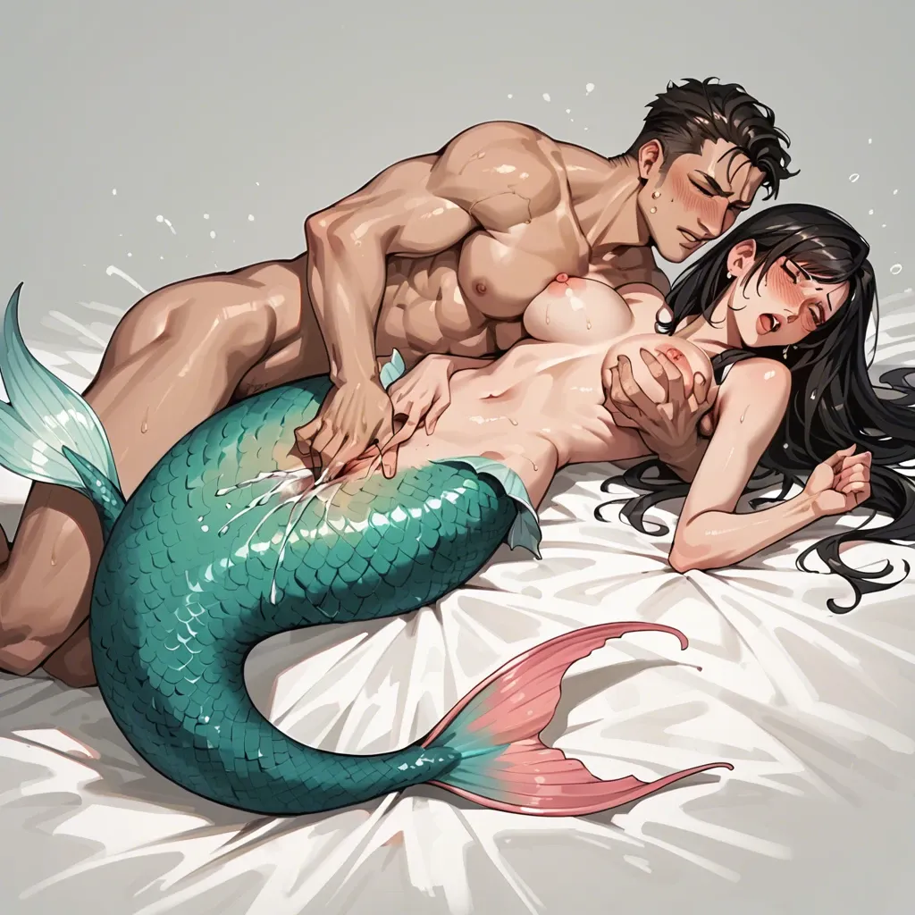 1boy1girl,,,,Tifa, mermaid, pink scale, nude, lying, pirate fingering a mermaid, grope breast, mermaid squirting, blush face, full body