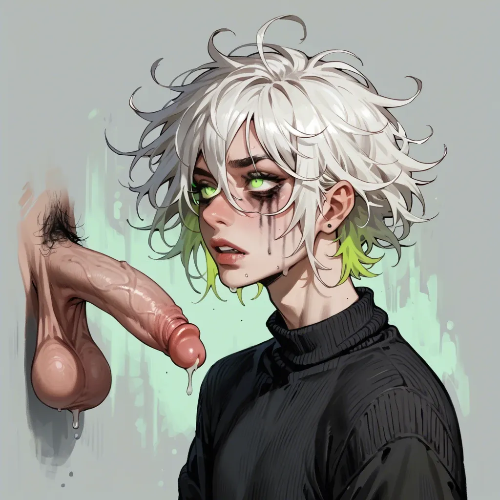 Femboy, green glowing eyes, white hair, messy hair, mascara running, black sweater, black thong, medium penis, saggy balls,