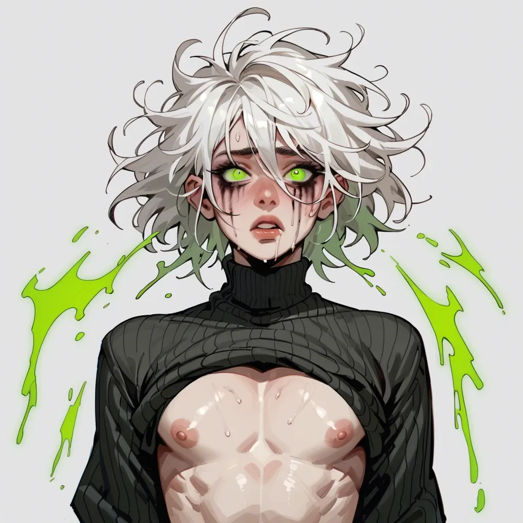 Femboy, green glowing eyes, white hair, messy hair, mascara running, black sweater, black thong, medium penis, saggy balls,