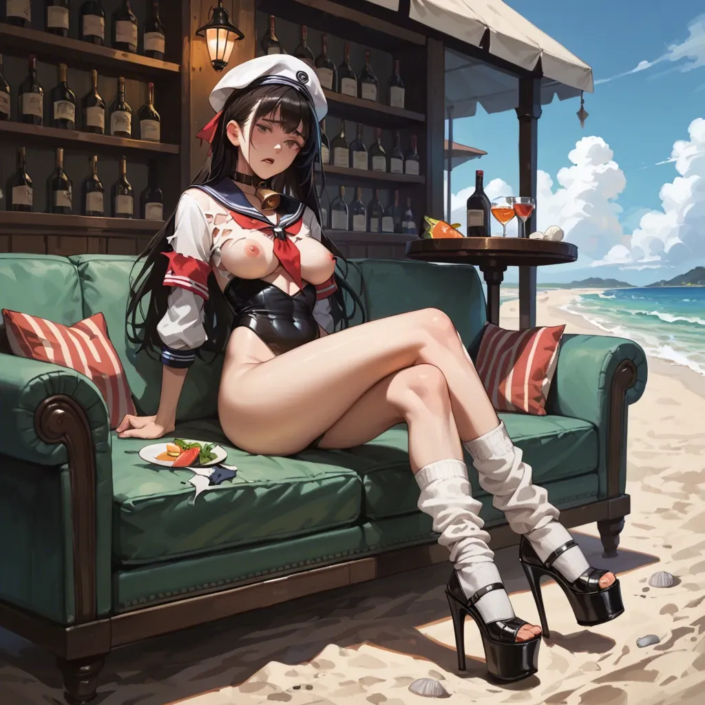 2girl, , , , round eyes,knee-high socks,perky breasts,love handles,neck bell, shirt torn off,leg warmers,sailor hat,black leotard,platform heels, couch, on beach, tavern, anime style, brightly, wonder woman, hatsune miku