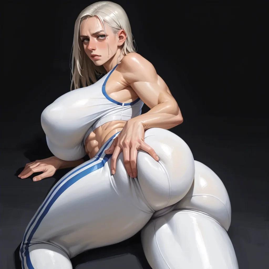 1 girl, Power (chainsawman), holding ass, sportwear,expressive eyes, lying on its side, tight clothes, detailed face, black background, do not show hands, massive ass, massive breast, abs, High definition, good face, show armpit, very wet, hands behind the head