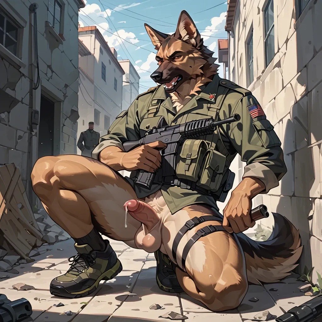 anthro german shepherd in military clothes runs with a gun