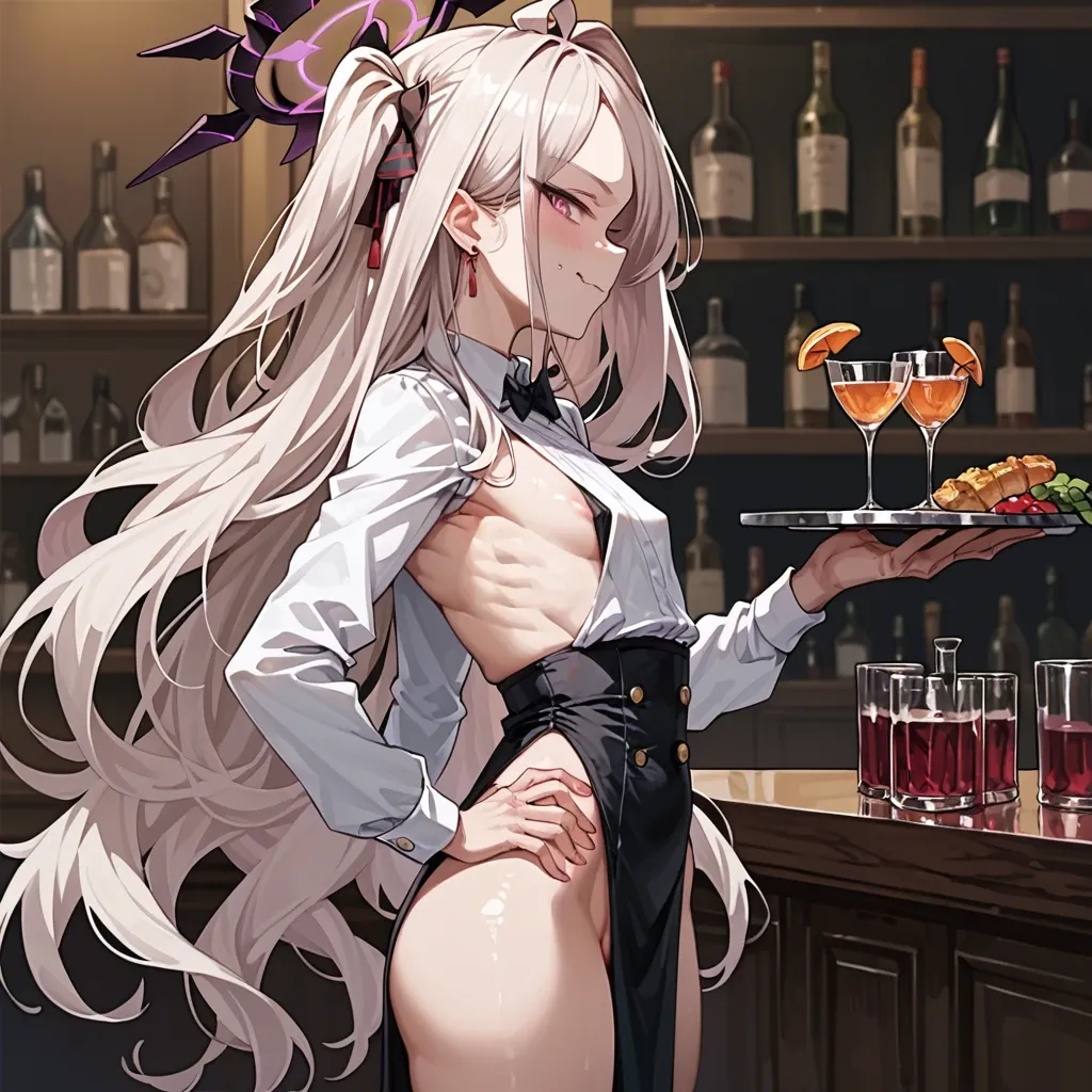 monchan rev3, side view, solo,  hina (blue archive), bartender suit, cat smug, white shirt, sideboob, high-waist loincloth, highleg, tray, flat chest, puffy boobs