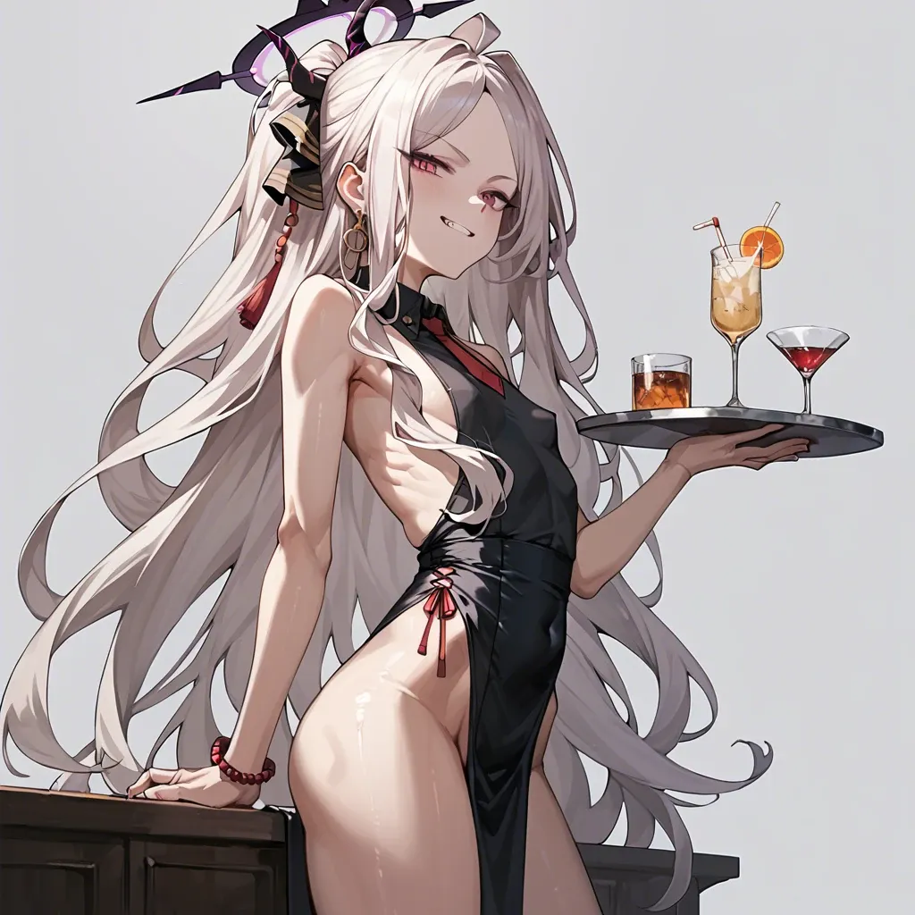 yanje, side view, solo,  hina (blue archive), bartender suit, smug, sideboob, high-waist loincloth, highleg, tray, flat chest, puffy boobs