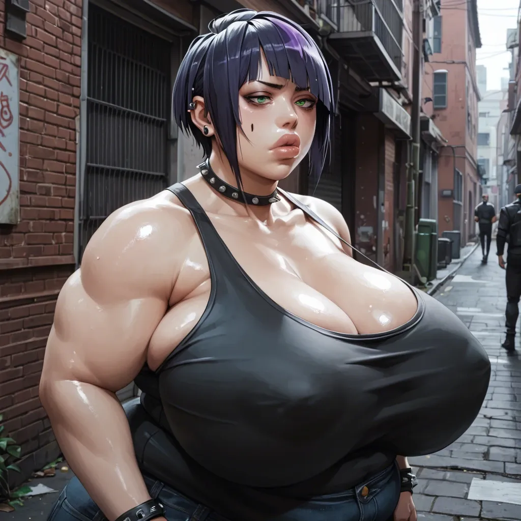 (3d cgi), (obese), (kyoka jiro), black tank top, punk clothes, shiny skin, hyper lips, covered sagging breasts, alleyway, green eyes