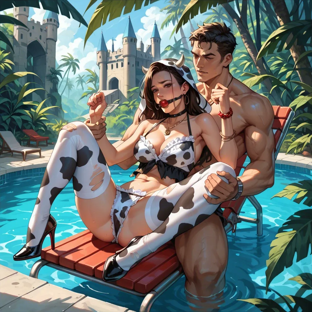 1girl,1boy, , , , dimples,good hands,round boobs,aberration,necklace, cow costume,torn thighhighs,bracelets,frilled panties,heels, sexy gym girl, jungle, castle, pool chairs, red ball gag, detailed, dark studio