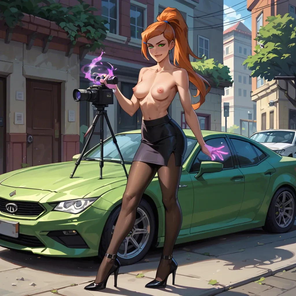 gwen tennyson from ben 10 alien force, green eyes, smiling, long ponytail, topless, black tights, black pencil skirt, black heels, casting purple magic, outside, leaning on green muscle car