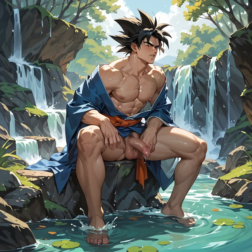 Male Goku coming out of a waterfall wearing a kimono