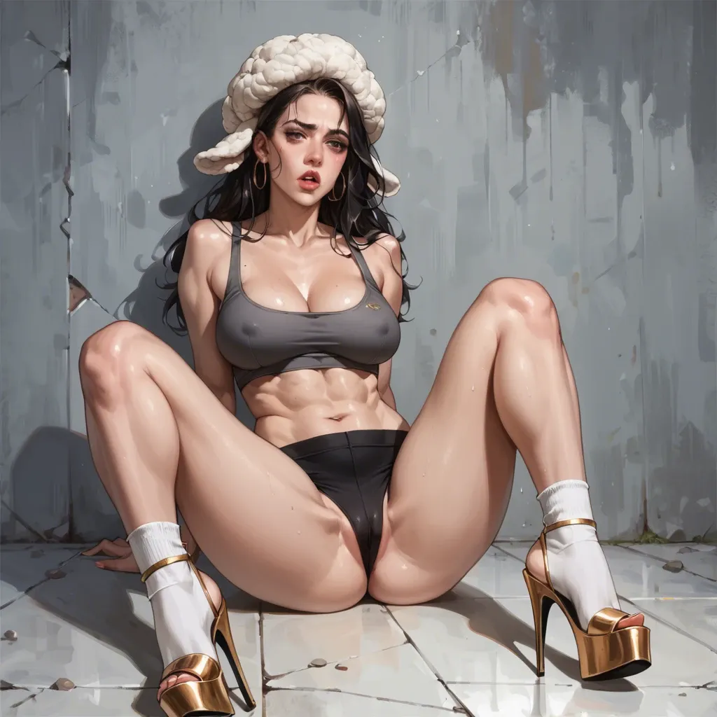 2girl, , , , thick full lips,footwear,show nipple,soft breasts,knee-high, black crop top,gold anklets,wool hat,gray sports bra,heels, downblouse,white socks,wool hat,thongs,platform heels, police uniform,heart necklace,saliva strings,bodysuit,black sneakers, painful shibari, cyberpunk, camera, table, photorealistic, dark-skinned, lara croft, anna, asuka