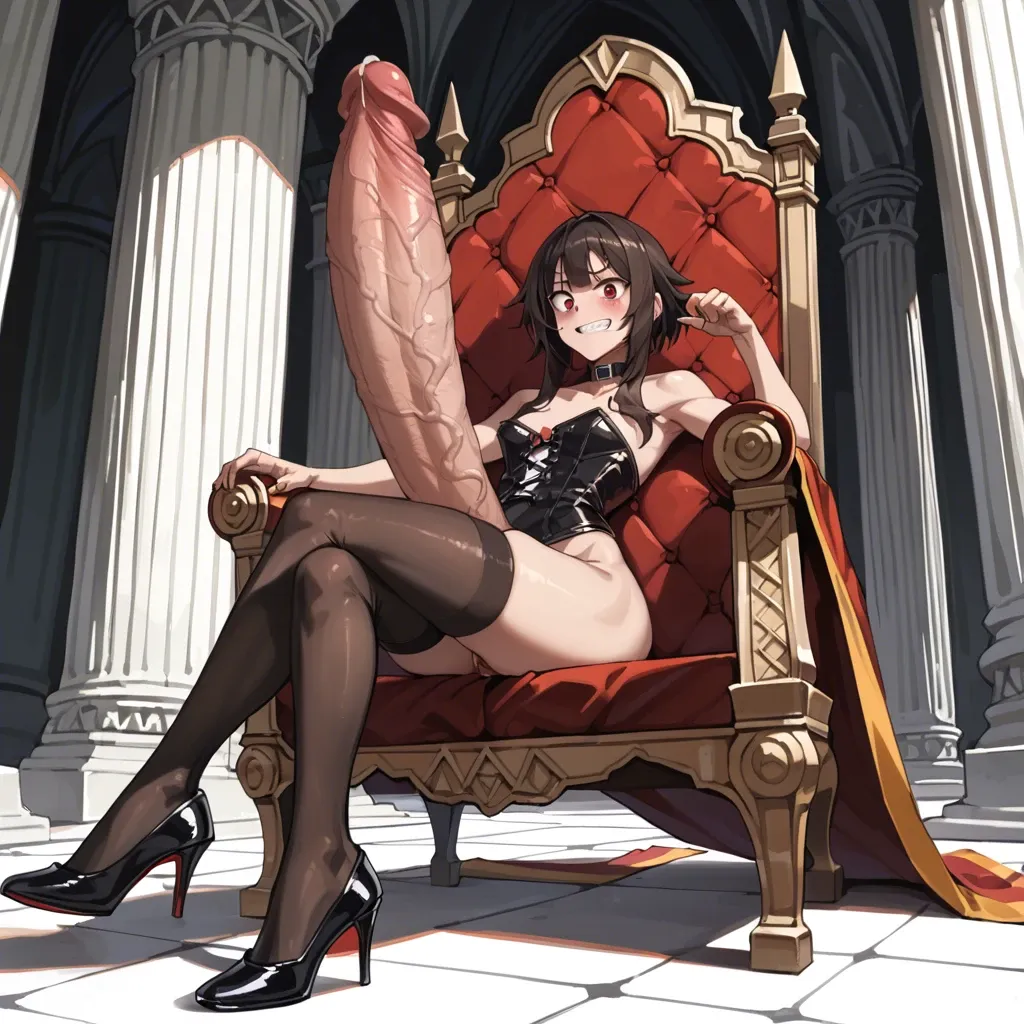 Megumin, bdsm, futanari, black heels, black corset, crazy smile, thick hips, solo, gigantic penis, throne, black stockings