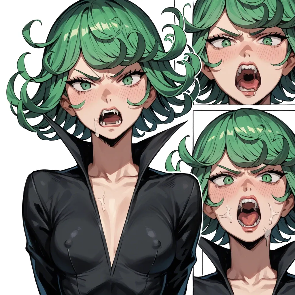 1girl, solo, , , , character tatsumaki, perfect face, (beautiful green eyes), , skinny, in black dress, multiple view, multiple art, comic grid