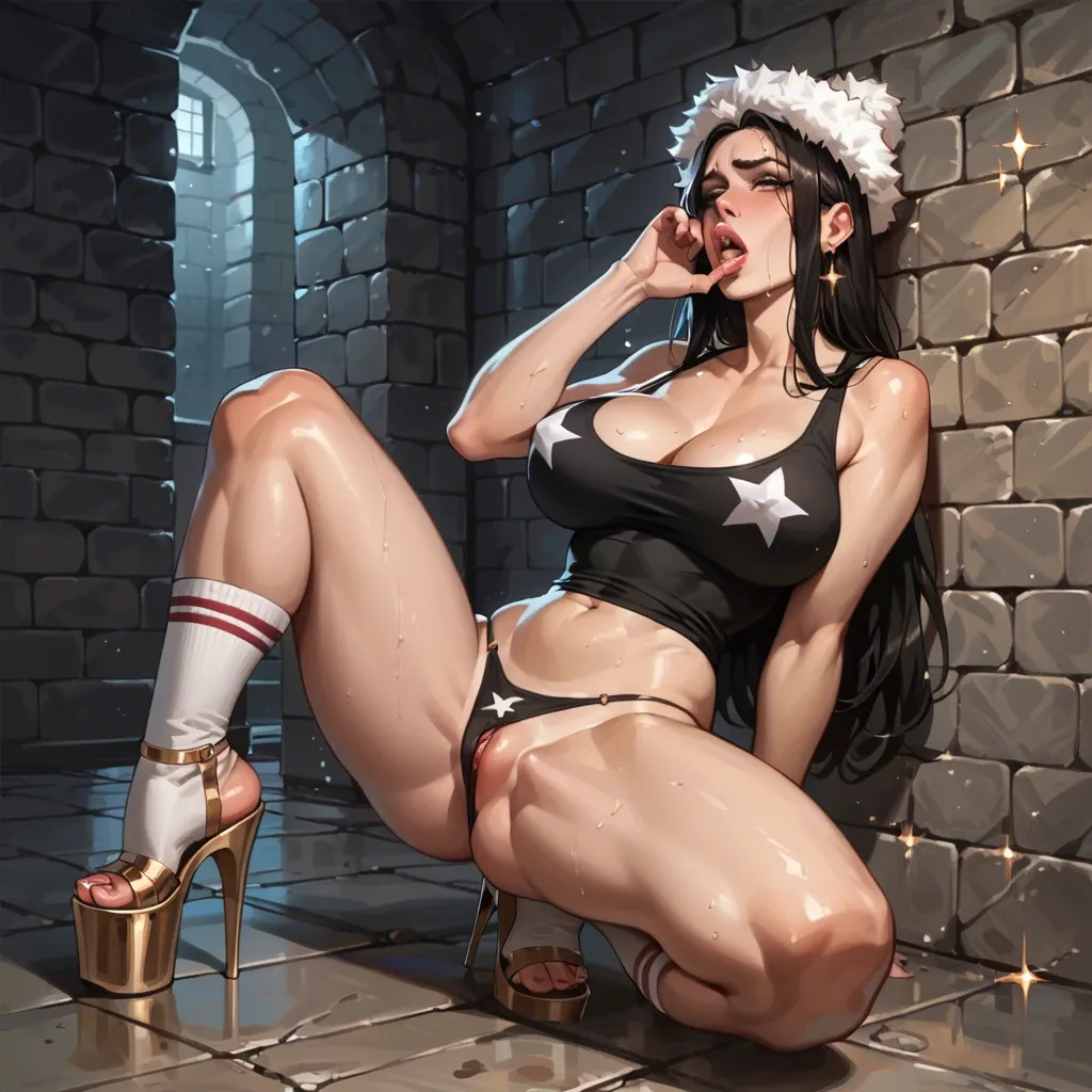 1girl,solo, , , , bushy eyebrow,high heels,lips on nipple,breasts too big,throat, black crop top,knee-high socks,fur hat,panties down,platform heels, royal bedroom, sparkles, dungeon, being groped, princess peach