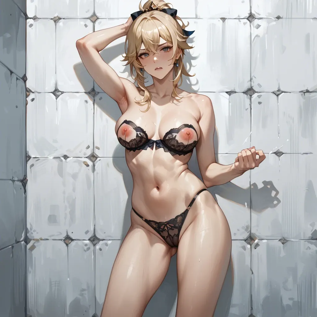 Naked jean from genshin impact, rests her back against the wall, black transparent panties on, black transparent strapless bra, protruding nipples, squeezes her breasts with one hand, poses in front of the camera