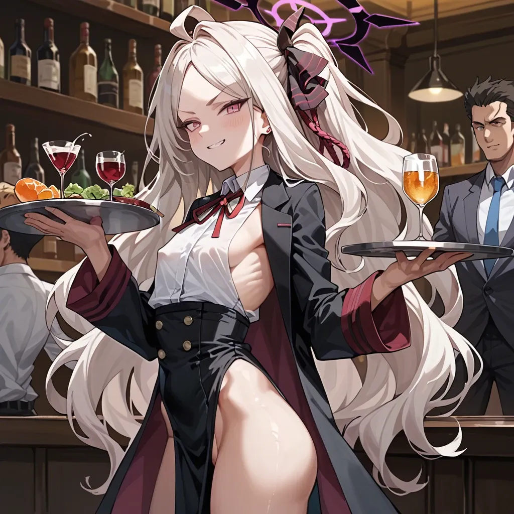 ankoman, side view, hina (blue archive), bartender suit, smug, white shirt, sleeves, sideboob, high-waist loincloth, highleg, tray, flat chest, puffy boobs