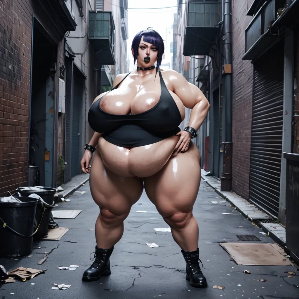 (3d cgi), (obese), (kyoka jiro), tank top, punk clothes, shiny skin, hyper lips, big belly, sagging breasts, alleyway