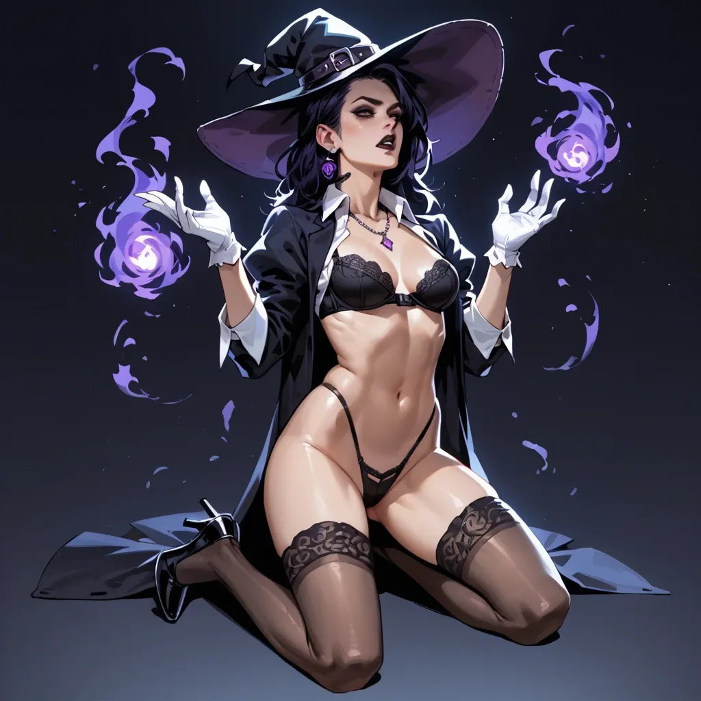 2girl, , , , bewitching,hands up,firm breasts,void background,purple necklace, sweater lift,stockings,white gloves,highleg panties,high heels, open shirt,lace stockings,garrison cap,bra,gothic boots, office man, mountains, cyberpunk, holding dildo, western cartoon, dark grey skin, wonder woman, waifu