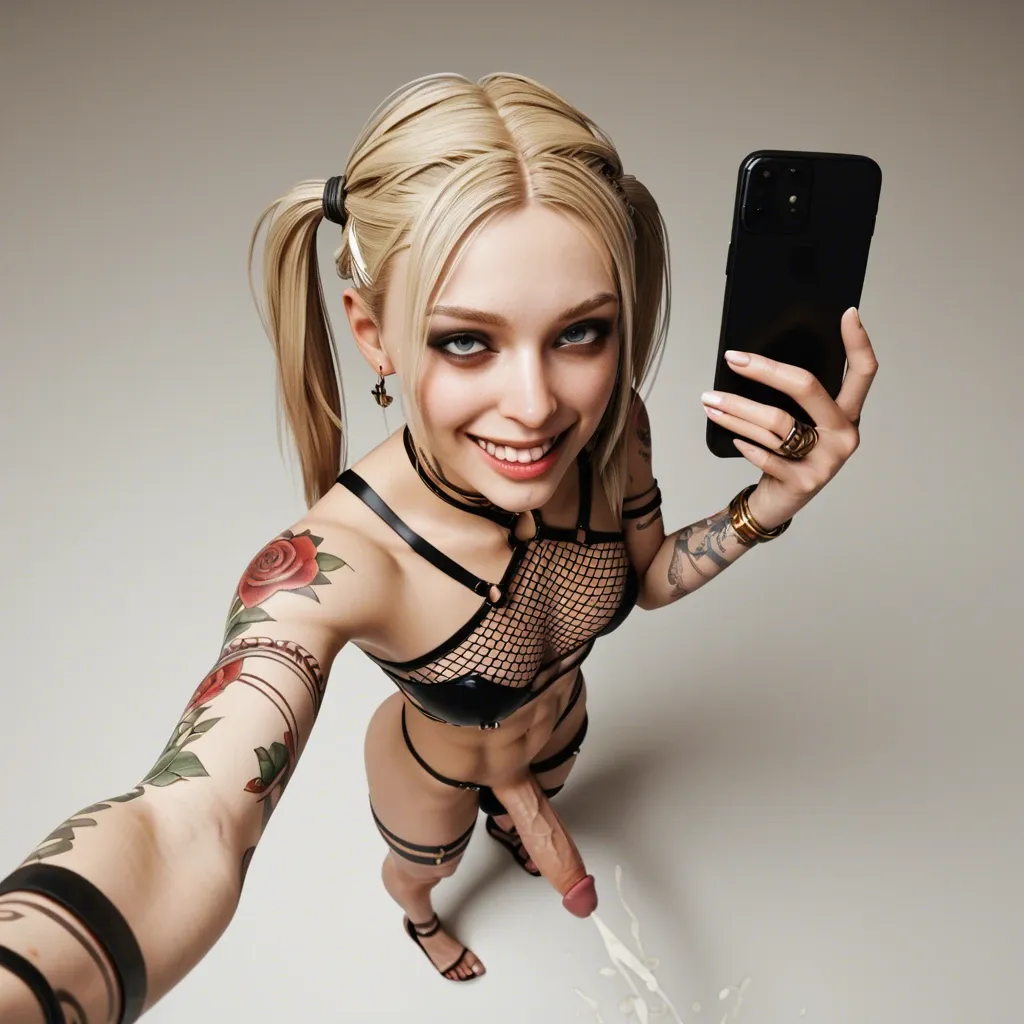 Femboy,Veiny penis,3d,slender crooked nose, ejaculation, large breast,white paled,slim contexture, pigtails blonde,high angle selfie,big smile,tattooed,full body fishnets, gladiator clothes,