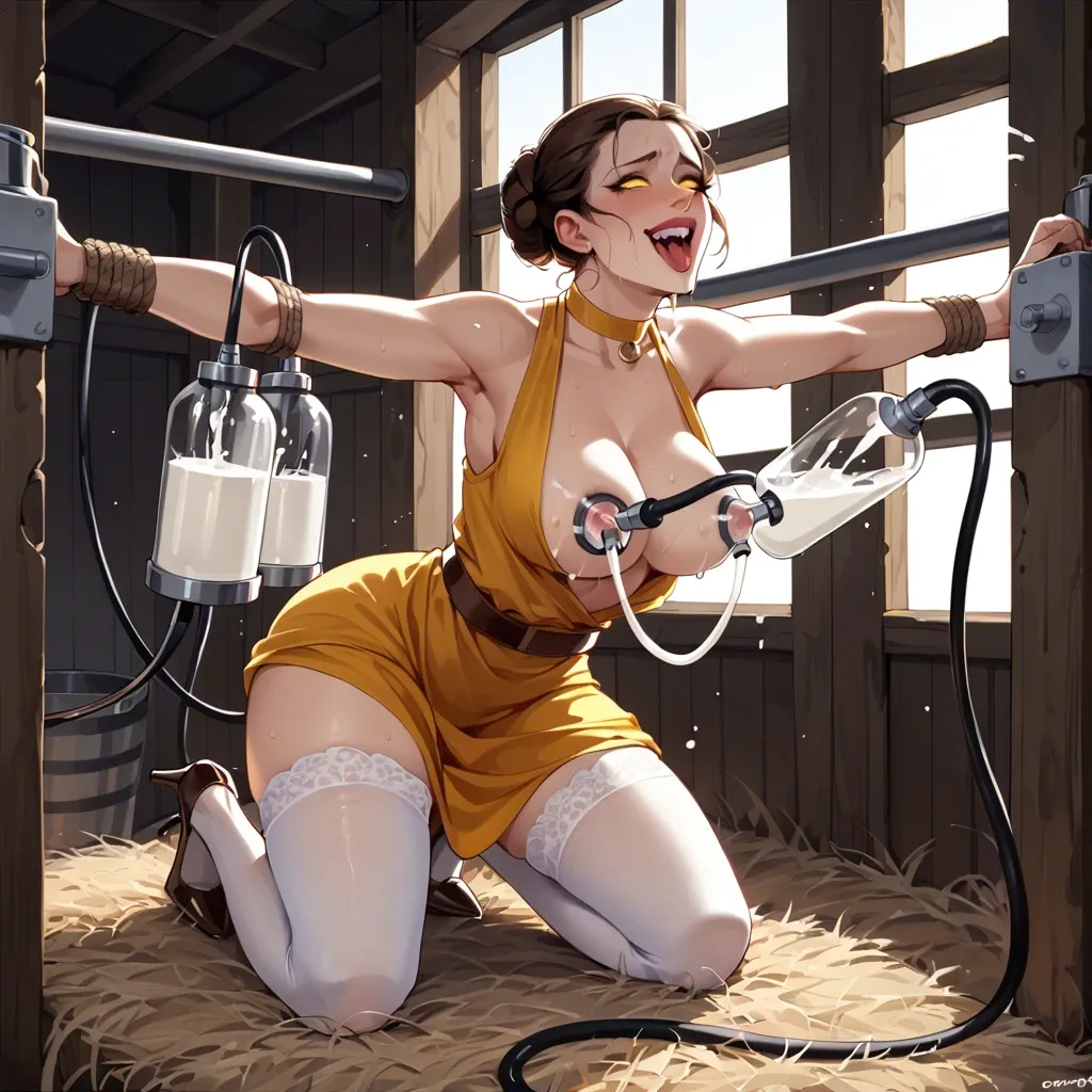 Leia organa,yellow dress,stockings,high heels,lactating,milking machine,aheago,laughing,tied arms,in farm,glowing eyes,on kneels,grap from behind