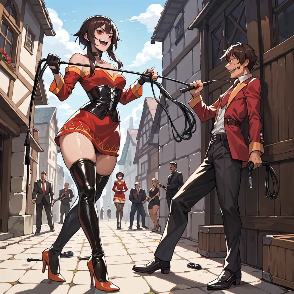 Megumin, latex, bdsm, heels, femdom, heels, corset, 1boys, whip, crazy smile, thick hips