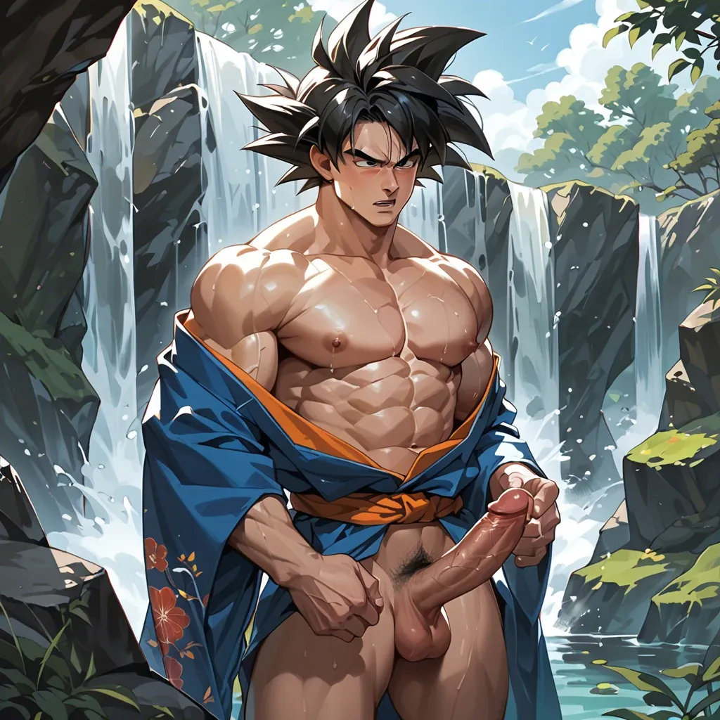 Male Goku coming out of a waterfall wearing a kimono