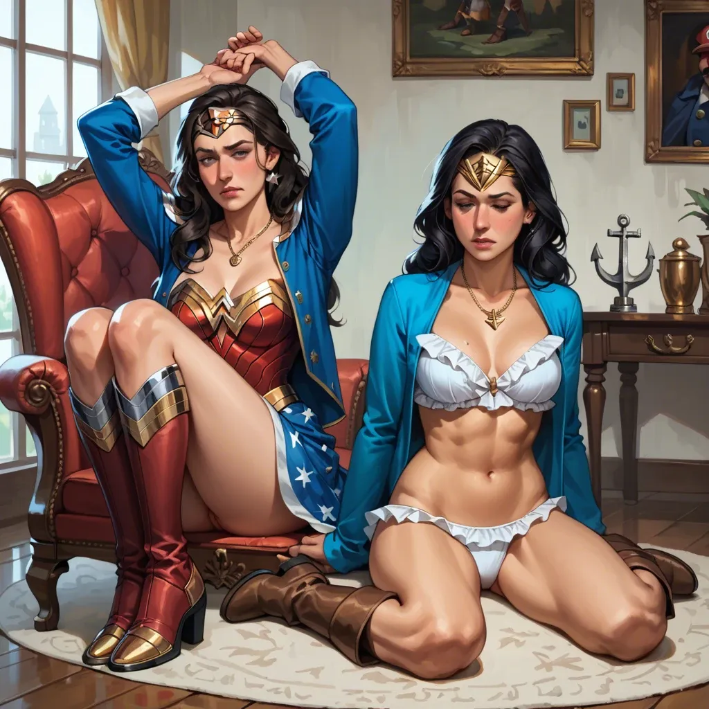 2girl, , , , stretching,armchair,round big tits,high waisted,collarbone, blue jacket,golden necklace,anchor necklace,frilled bikini,knee boots, embarrassed, trained thighs, medieval dress, mario, wonder woman