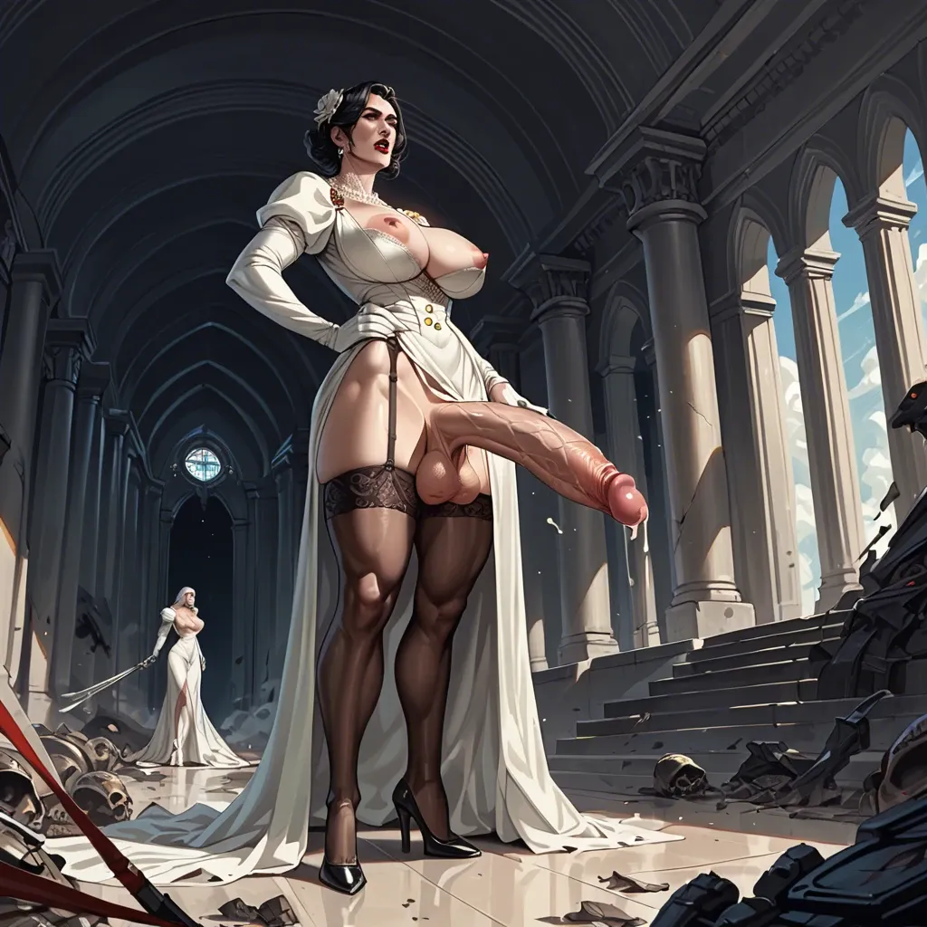 Lady Dimitrescu, Giantess, heels, stockings,  destroyed the alien, futa, huge cock, breast expansion, space marine