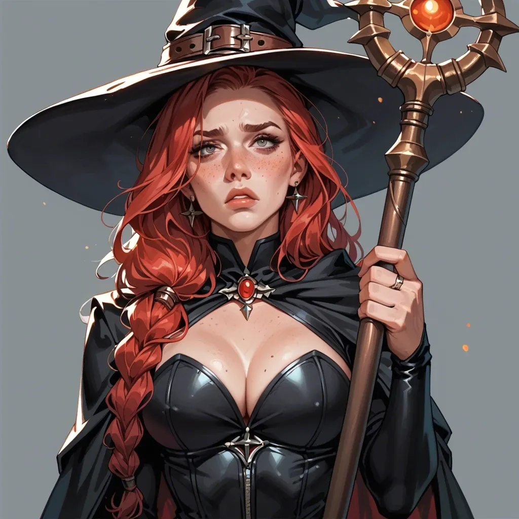 Red haired witch, freckles, shy, sucking scepter, fit, tight clothes