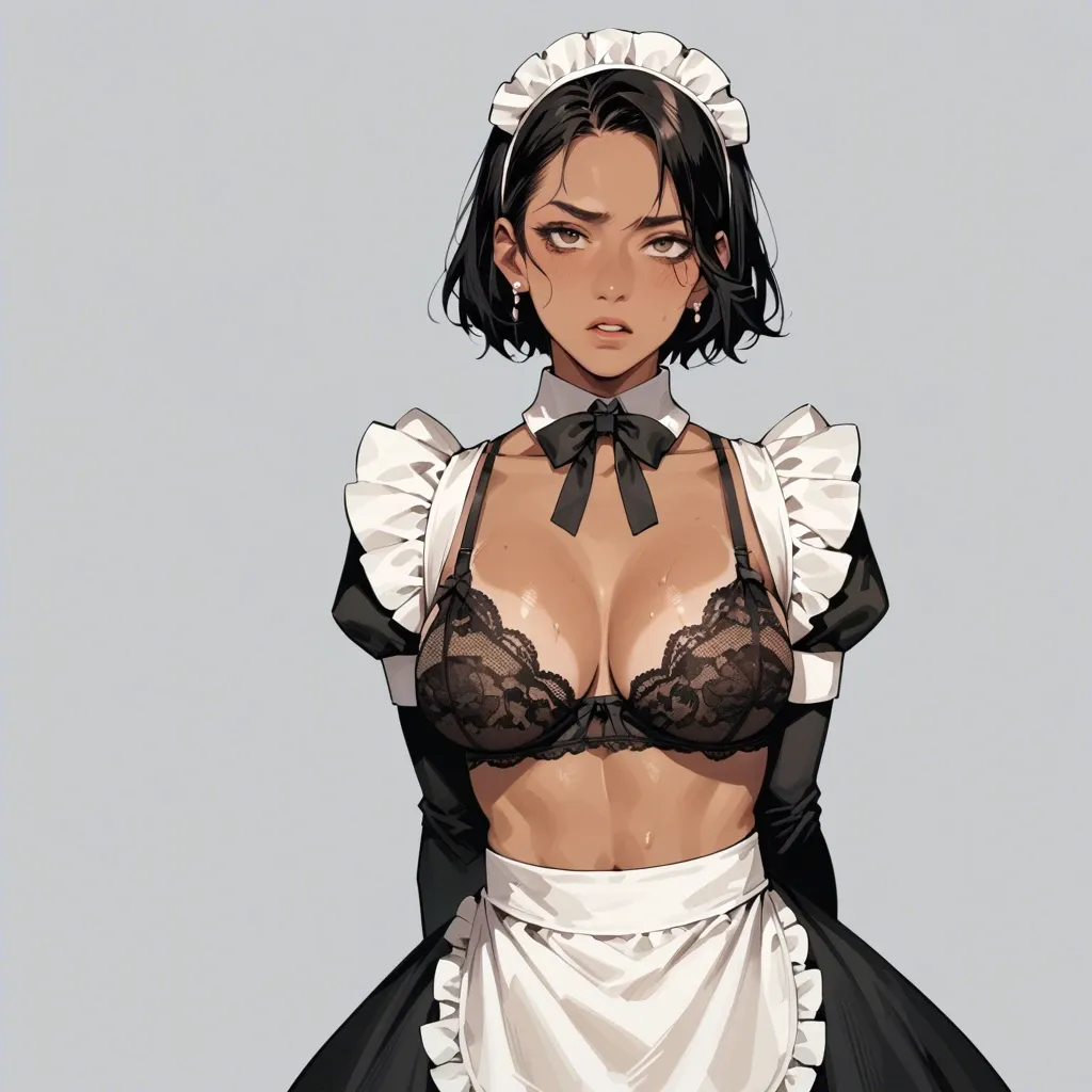 costume, black lace bra, breast, tan, standing, maid