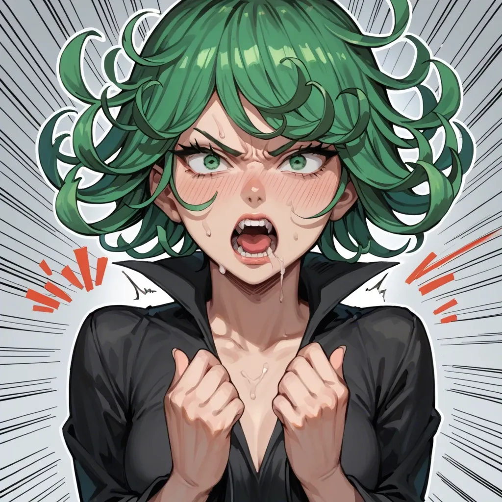 1girl, solo, , , , character tatsumaki, (perfect face: 1,3), (beautiful green eyes: 1,2), angry, scream, in black dress, (face view), manga effects, multiple view, multiple art, comic grid