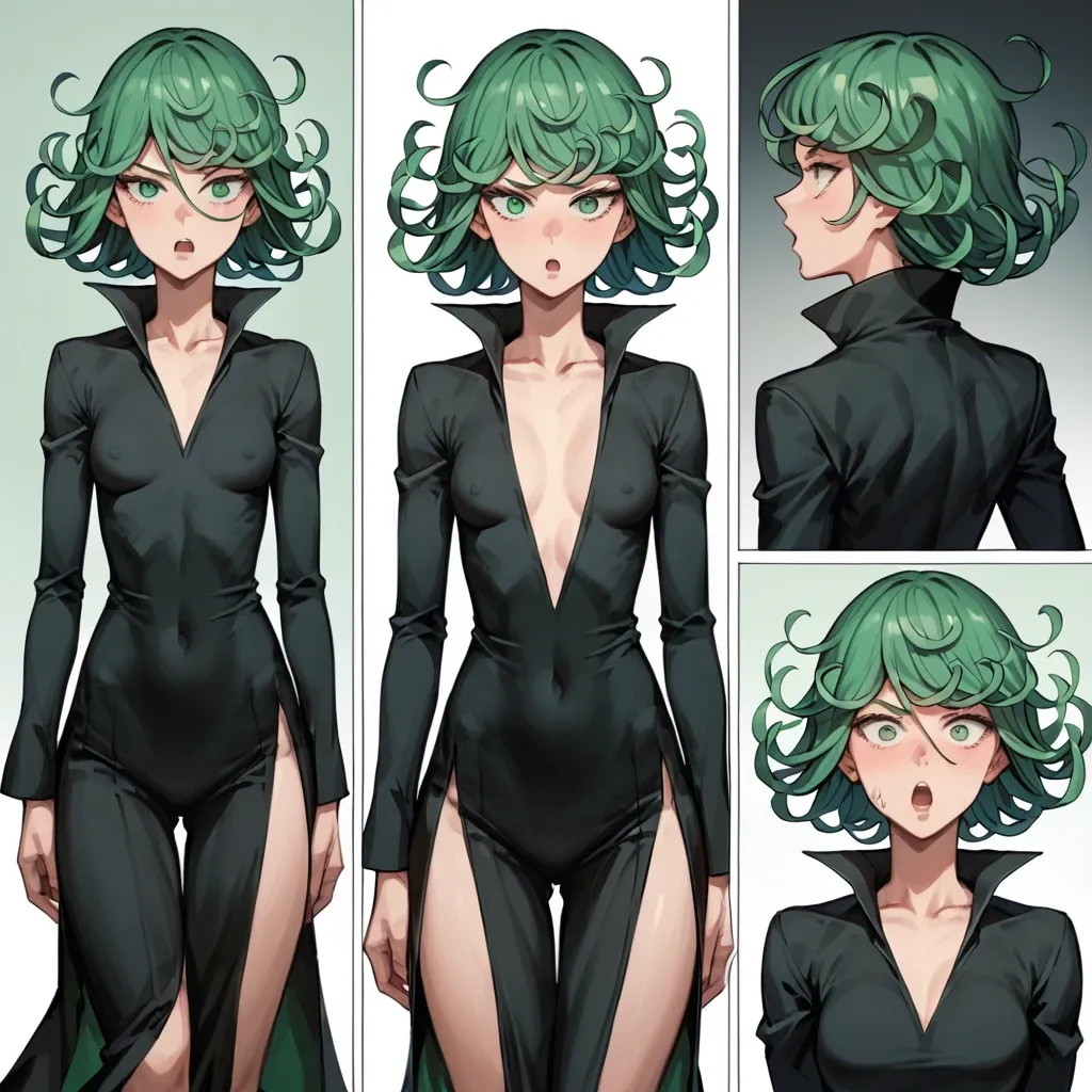 1girl, solo, , , , character tatsumaki, perfect face, (beautiful green eyes), shock,  surprised, skinny, in black dress, multiple view, multiple art, comic grid