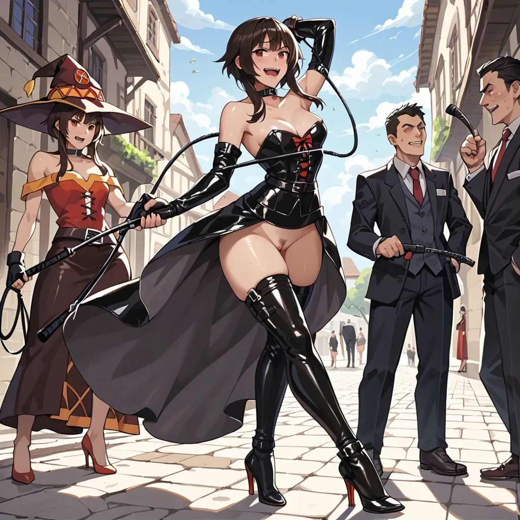 Megumin, black latex, bdsm, heels, femdom, heels, corset, whip, crazy smile, thick hips, evening dress, thron, slaves boys