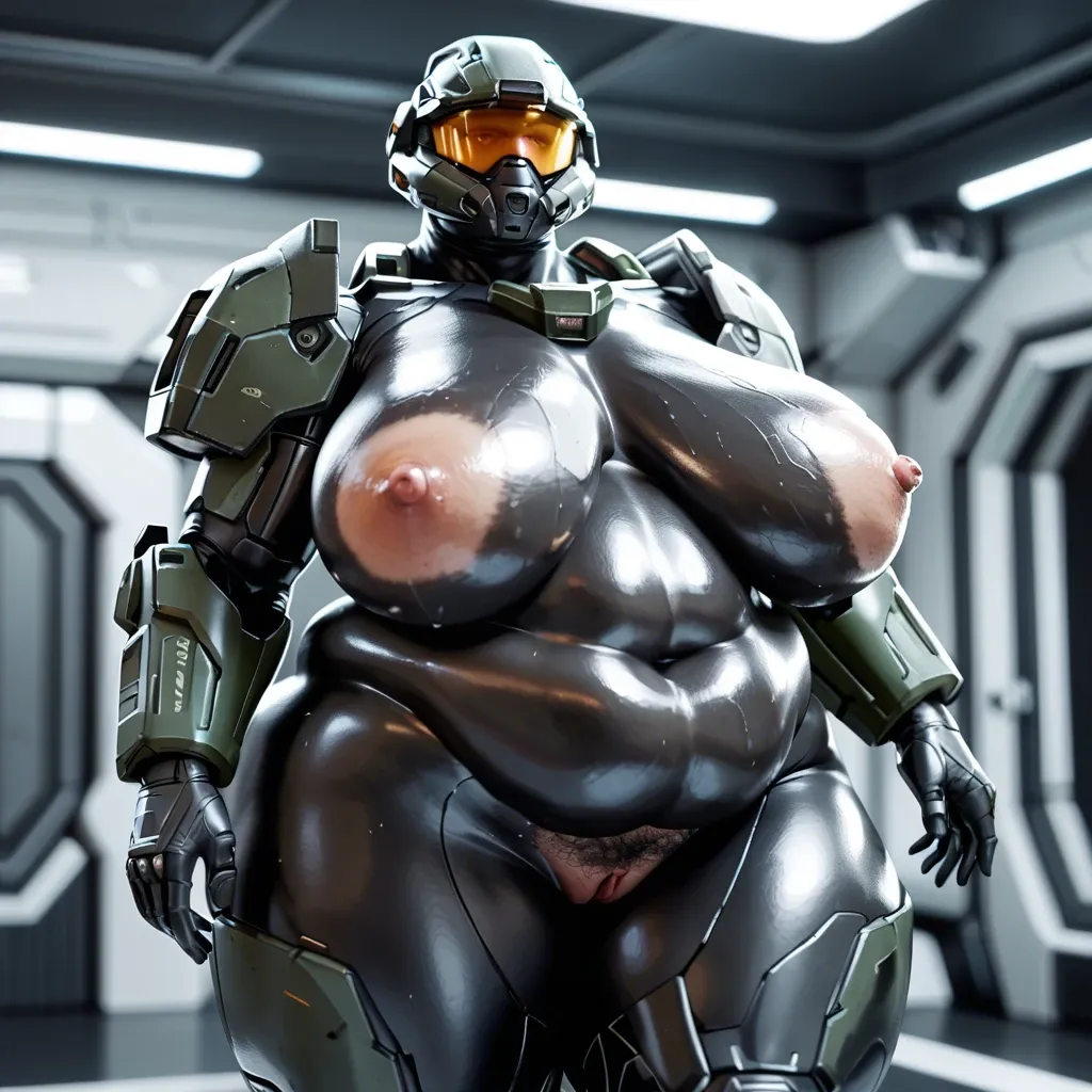 (3d cgi), (obese), (halo green spartan), full black bodysuit, big belly, sagging breasts, shiny black skin, futuristic military bedroom