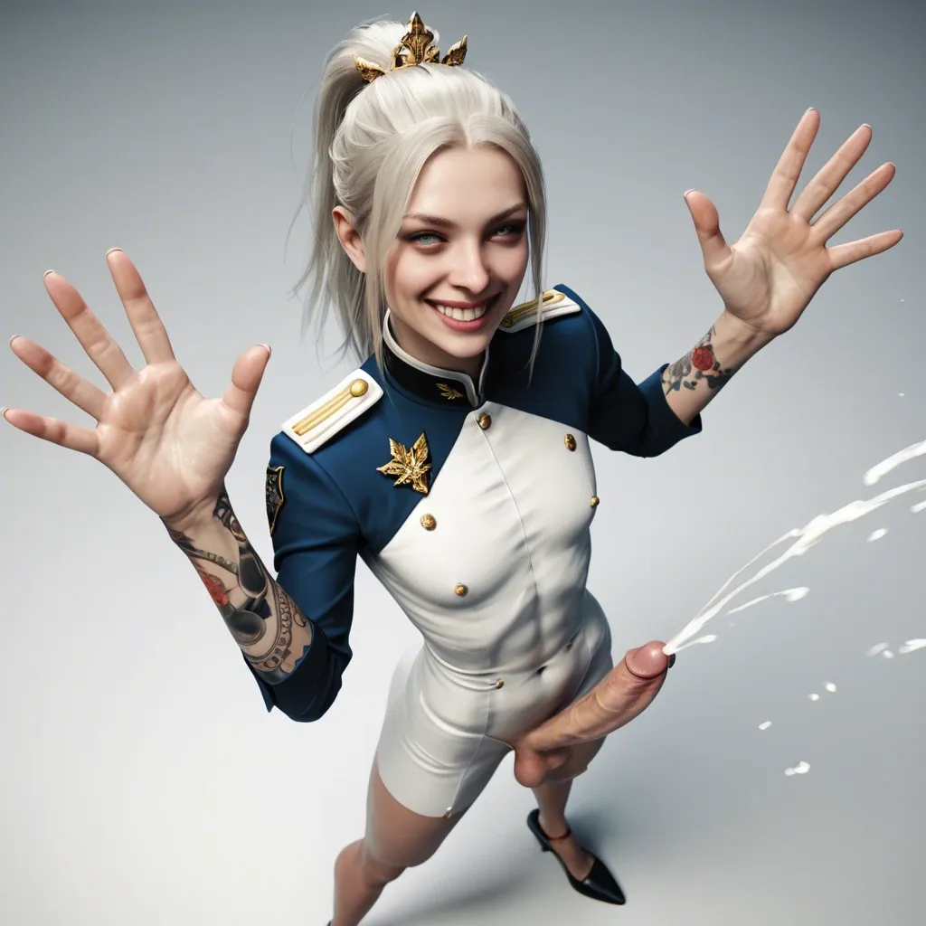 Femboy, realistic penis,big balls,solo,3d,slender crooked nose,white paled,slim contexture, ponytail platinum blonde hair,high angle,big smile,tattooed,big hands, ejaculation, princess uniform,