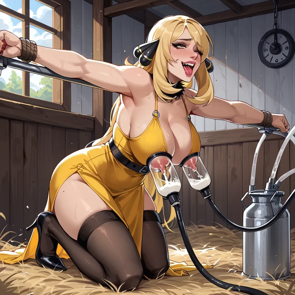 Cynthia,stockings,high heels,yellow dress,lactating,milking machine,tied arms,in farm,aheago,laughing