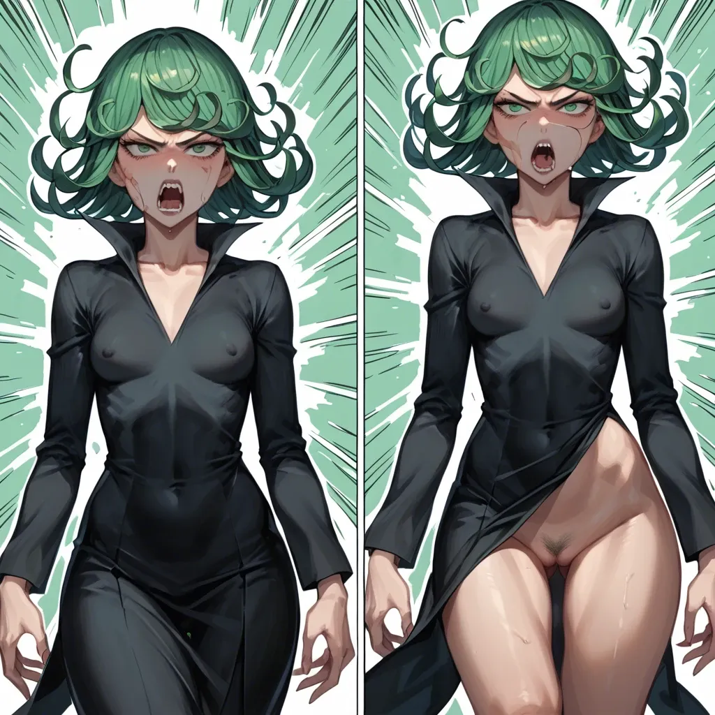 1girl, solo, , , , character tatsumaki, perfect face, (beautiful green eyes), angry, scream, s in black dress, multiple view, multiple art, comic grid