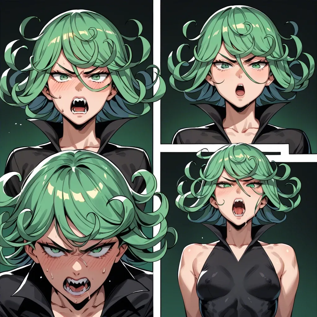 1girl, solo, , , , character tatsumaki, perfect face, (beautiful green eyes), angry, scream, in black dress, multiple view, multiple art, comic grid