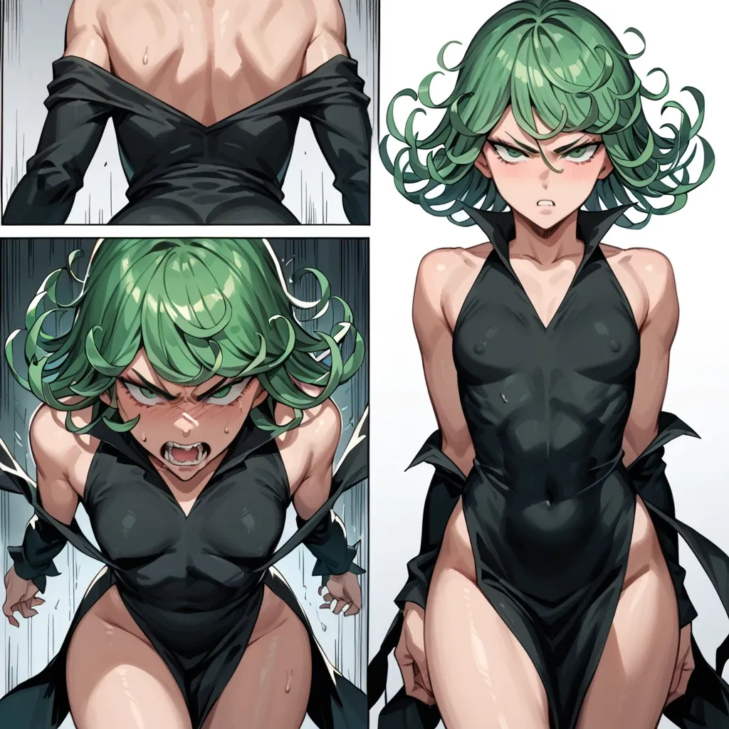 1girl, solo, , , , character tatsumaki, perfect face, (beautiful green eyes), angry, scream, in black dress, multiple view, multiple art, comic grid