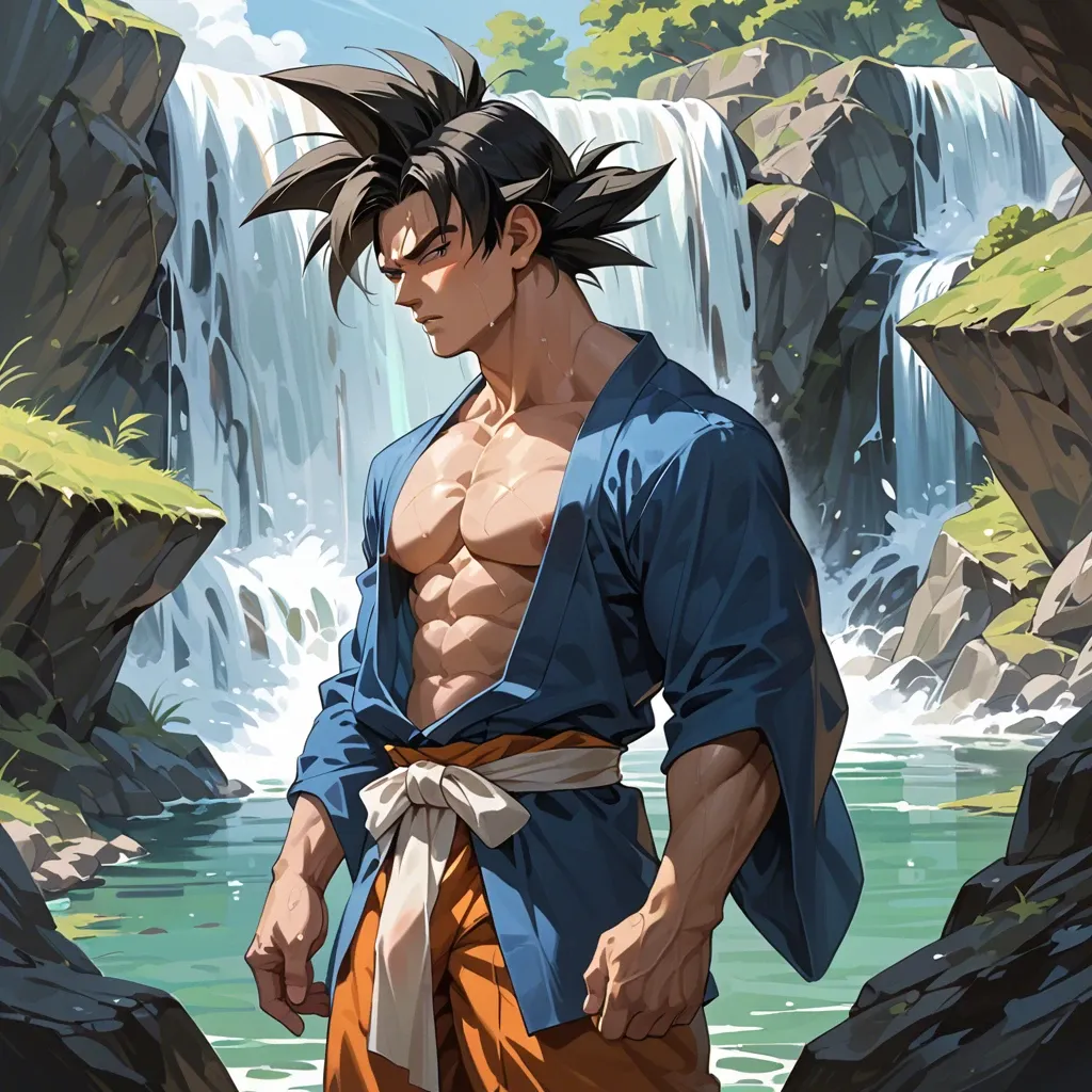 Male Goku coming out of a waterfall wearing a kimono