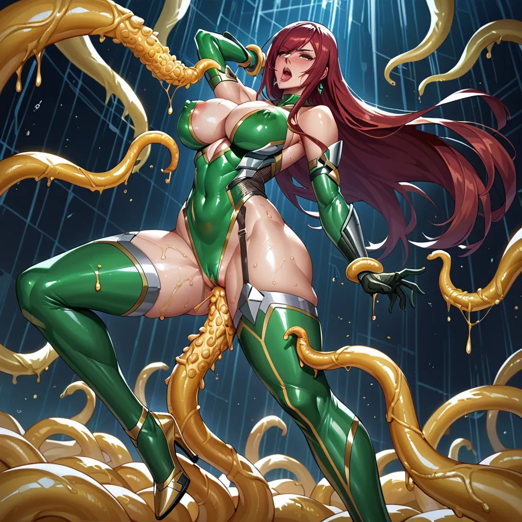 Girl, green taimanin Tight tunic, Erza Scarlet, penetrated by big gold tentacles, gold lines on body, High heels, tight slime background, huge body, Dancing prostitute, gold tentacles, green taimanin suit, over cums on latex oiled skin, sex with anal balls,The limbs are stretched out to the sides,