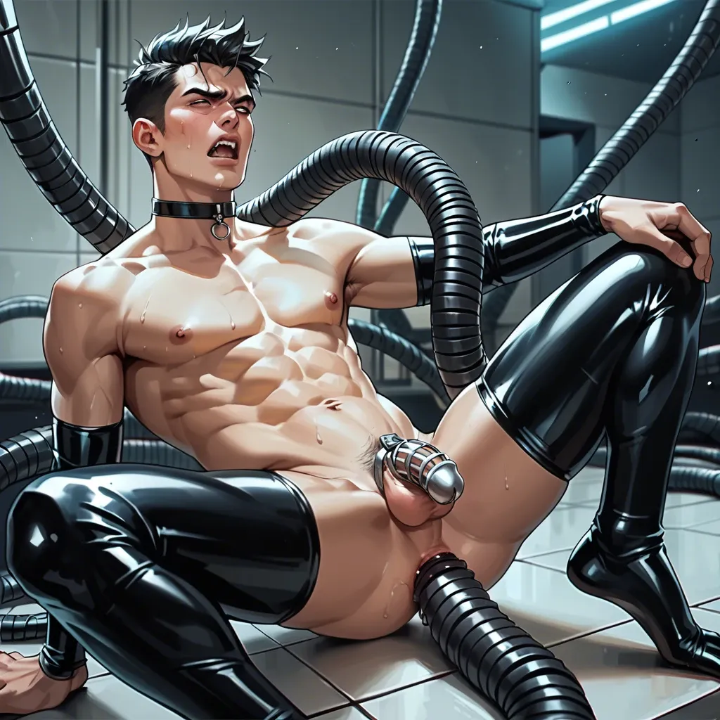 Male, solo, thin, Asian, spiky black hair, nude, chastity cage, black latex thigh-highs, black metal choker, moaning, angry, spread legs, robotic tentacles, anal, sci-fi room